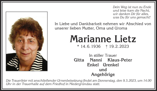 Traueranzeige von Marianne Lietz von Gelnhäuser Neue Zeitung