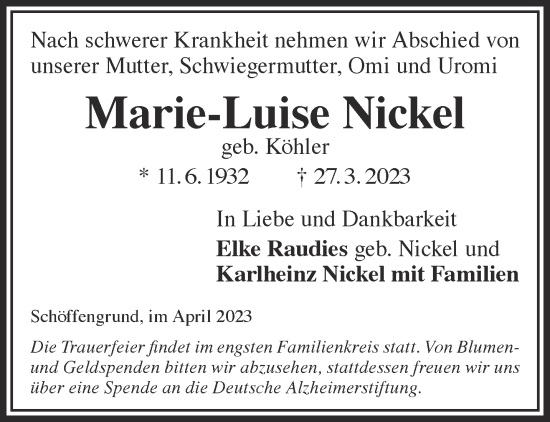 Traueranzeige von Marie-Luise Nickel von Gelnhäuser Neue Zeitung