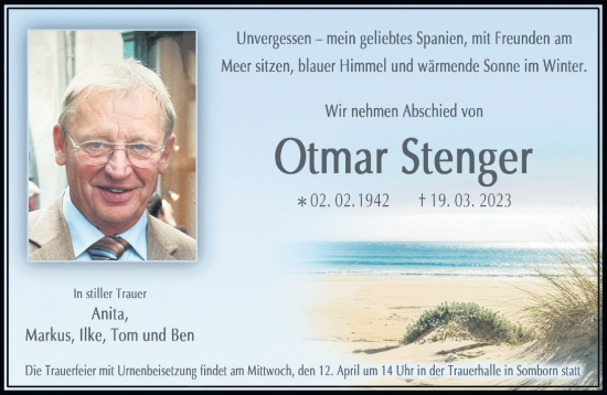 Traueranzeige von Otmar Stenger von Gelnhäuser Neue Zeitung