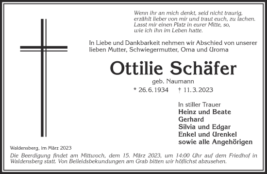 Traueranzeige von Ottilie Schäfer von Gelnhäuser Neue Zeitung
