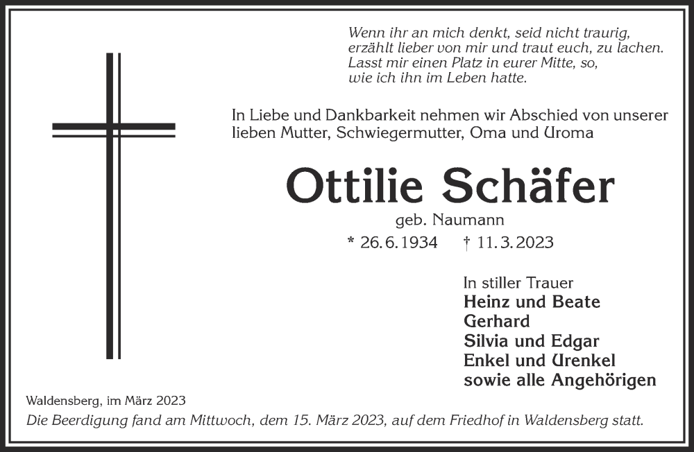  Traueranzeige für Ottilie Schäfer vom 18.03.2023 aus Mittelhessen-Bote