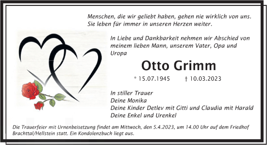 Traueranzeige von Otto Grimm von Gelnhäuser Neue Zeitung
