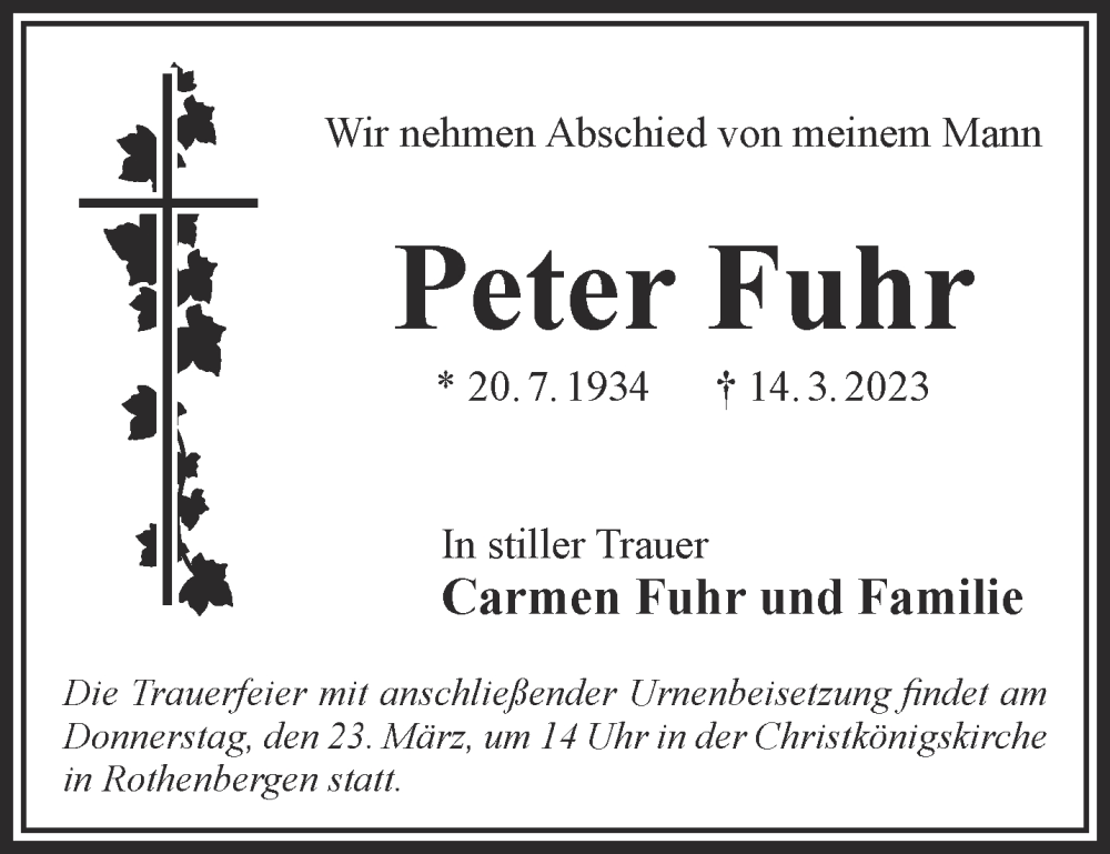  Traueranzeige für Peter Fuhr vom 18.03.2023 aus Gelnhäuser Neue Zeitung