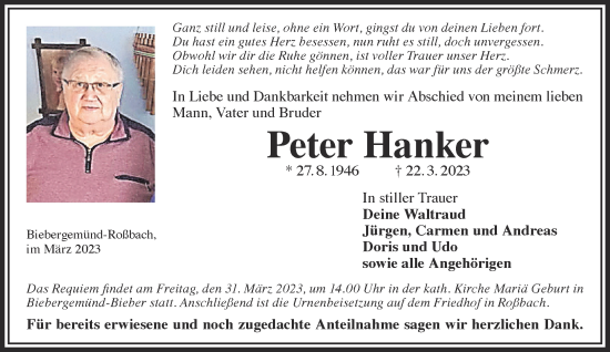 Traueranzeige von Peter Hanker von Gelnhäuser Neue Zeitung