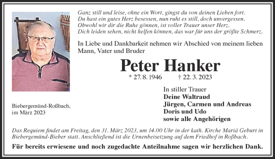 Traueranzeige von Peter Hanker von Mittelhessen-Bote