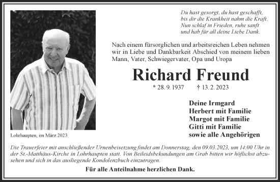 Traueranzeige von Richard Freund von Gelnhäuser Neue Zeitung