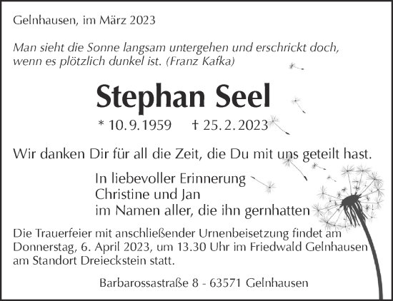 Traueranzeige von Stephan Seel von Gelnhäuser Neue Zeitung