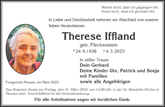 Traueranzeige von Therese Iffland von Gelnhäuser Neue Zeitung