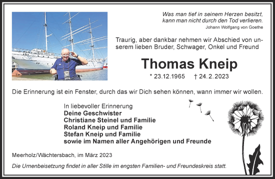 Traueranzeige von Thomas Kneip von Mittelhessen-Bote