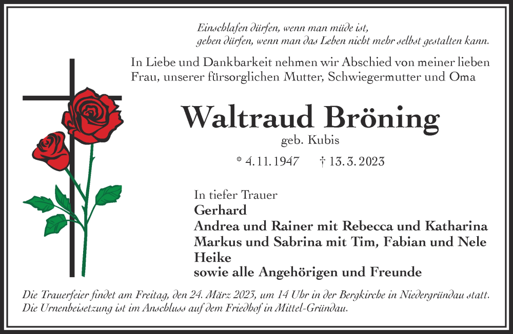  Traueranzeige für Waltraud Bröning vom 18.03.2023 aus Gelnhäuser Neue Zeitung