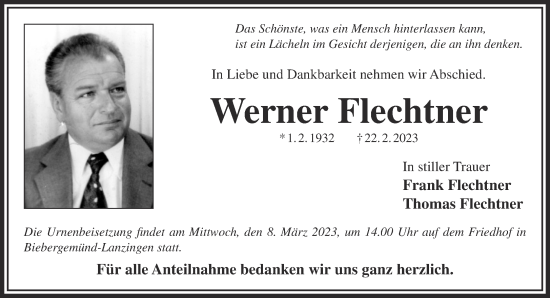 Traueranzeige von Werner Flechtner von Gelnhäuser Neue Zeitung