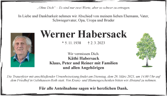 Traueranzeige von Werner Habersack von Gelnhäuser Neue Zeitung