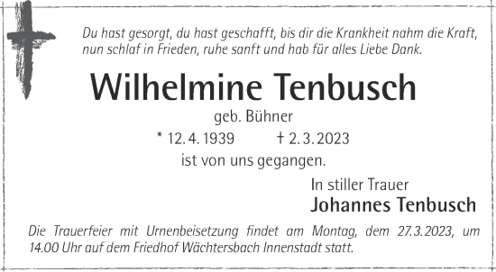 Traueranzeige von Wilhelmine Tenbusch von Gelnhäuser Neue Zeitung