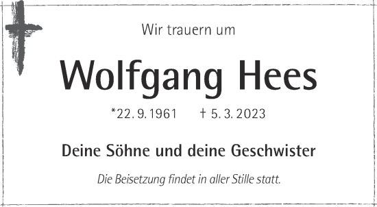 Traueranzeige von Wolfgang Hees von Gelnhäuser Neue Zeitung