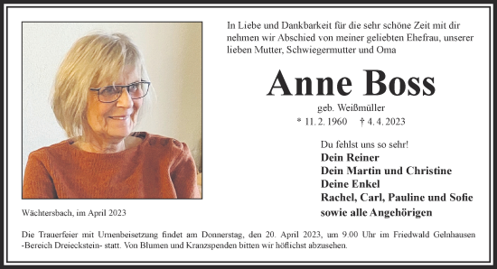 Traueranzeige von Anne Boss von Gelnhäuser Neue Zeitung