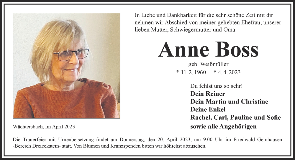  Traueranzeige für Anne Boss vom 15.04.2023 aus Mittelhessen-Bote