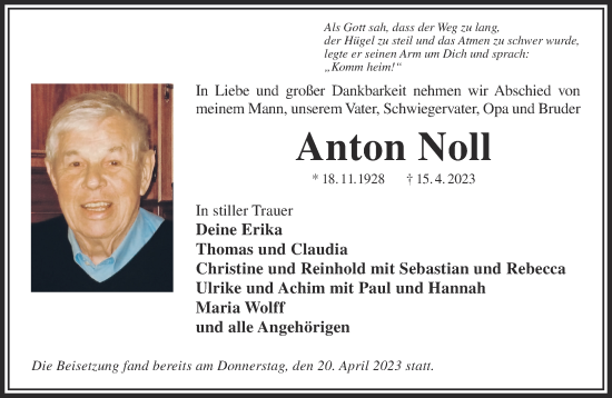 Traueranzeige von Anton Noll von Mittelhessen-Bote