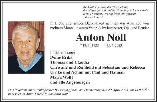 Traueranzeige von Anton Noll von Gelnhäuser Neue Zeitung