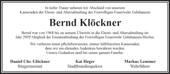 Traueranzeige von Bernd Klöckner von Gelnhäuser Neue Zeitung