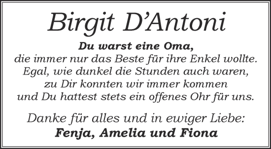 Traueranzeige von Birgit D´Antoni von Gelnhäuser Neue Zeitung