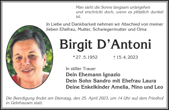 Traueranzeige von Birgit D´Antoni von Gelnhäuser Neue Zeitung