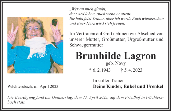 Traueranzeige von Brunhilde Lagron von Mittelhessen-Bote