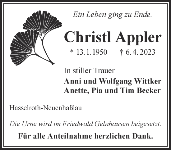 Traueranzeige von Christl Appler von Gelnhäuser Neue Zeitung