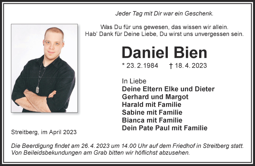  Traueranzeige für Daniel Bien vom 22.04.2023 aus Gelnhäuser Neue Zeitung