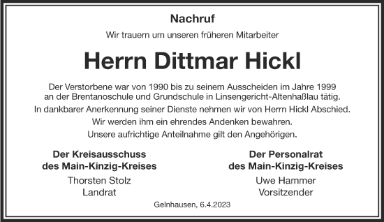 Traueranzeige von Dittmar Hickl von Gelnhäuser Neue Zeitung