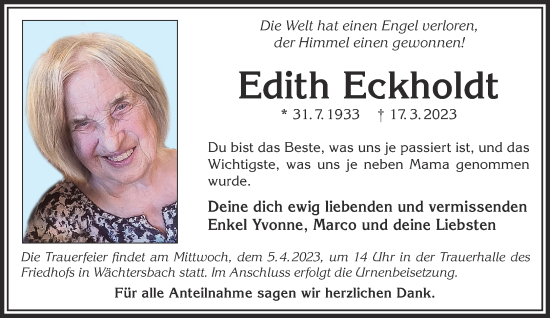 Traueranzeige von Edith Eckholdt von Gelnhäuser Neue Zeitung