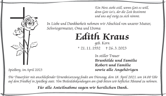 Traueranzeige von Edith Kraus von Mittelhessen-Bote