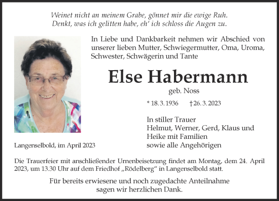 Traueranzeige von Else Habermann von Gelnhäuser Neue Zeitung