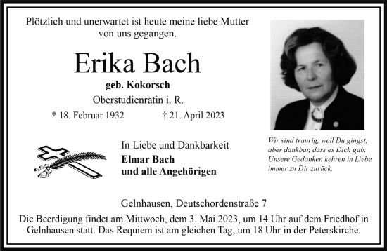 Traueranzeige von Erika Bach von Gelnhäuser Neue Zeitung