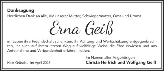 Traueranzeige von Erna Geiß von Gelnhäuser Neue Zeitung