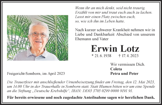 Traueranzeige von Erwin Lotz von Mittelhessen-Bote