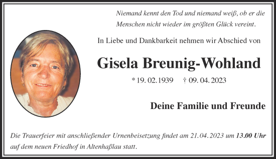 Traueranzeige von Gisela Breunig-Wohland von Mittelhessen-Bote