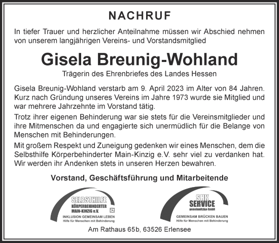 Traueranzeige von Gisela Breunig-Wohland von Gelnhäuser Neue Zeitung