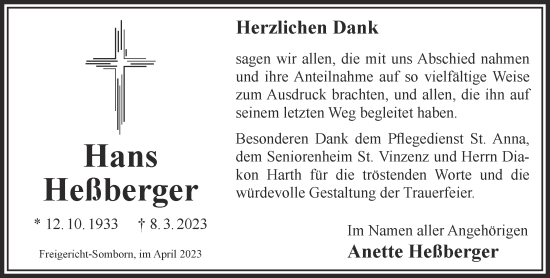 Traueranzeige von Hans Heßberger von Gelnhäuser Neue Zeitung