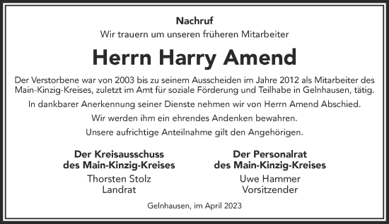 Traueranzeige von Harry Amend von Mittelhessen-Bote