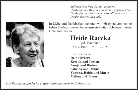 Traueranzeige von Heide Ratzka von Gelnhäuser Neue Zeitung