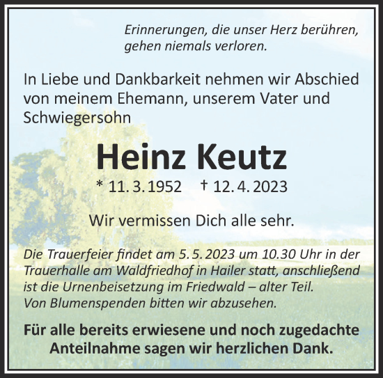 Traueranzeige von Heinz Keutz von Mittelhessen-Bote