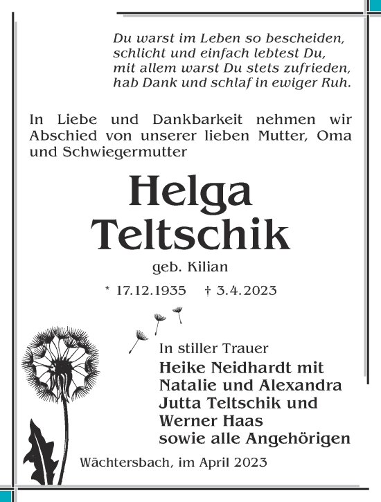 Traueranzeige von Helga Teltschik von Mittelhessen-Bote