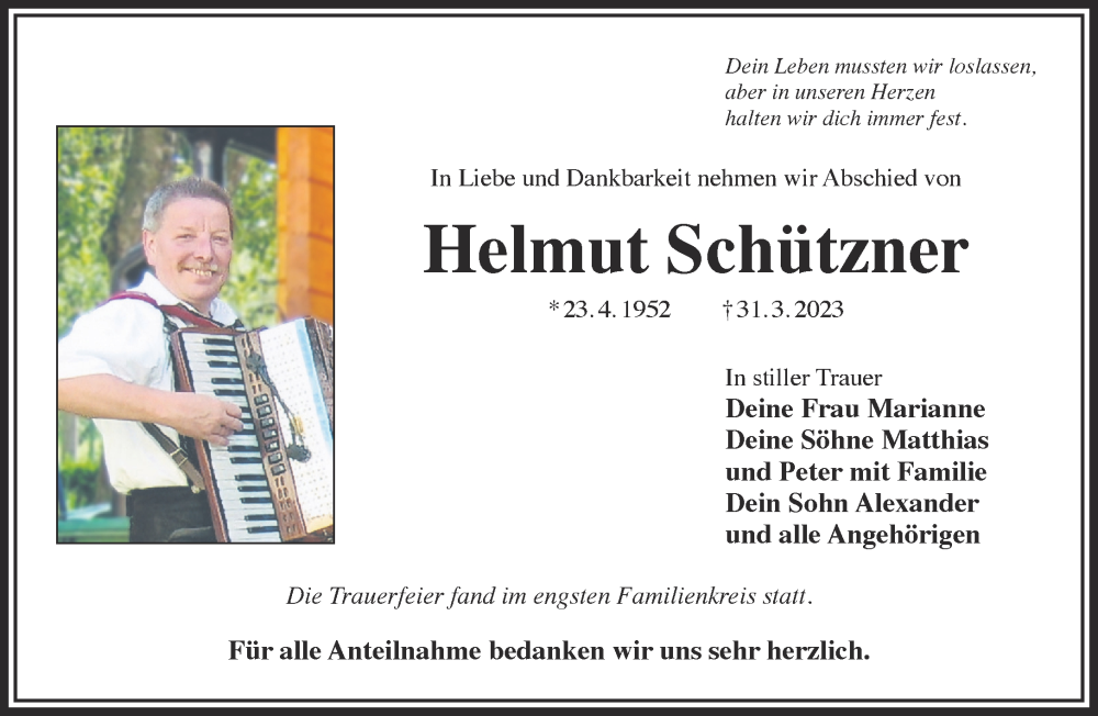  Traueranzeige für Helmut Schützner vom 22.04.2023 aus Gelnhäuser Neue Zeitung