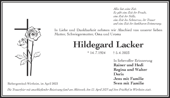 Traueranzeige von Hildegard Lacker von Mittelhessen-Bote