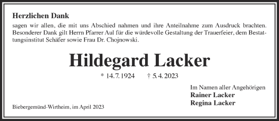 Traueranzeige von Hildegard Lacker von Gelnhäuser Neue Zeitung