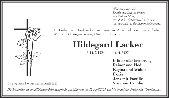 Traueranzeige von Hildegard Lacker von Gelnhäuser Neue Zeitung