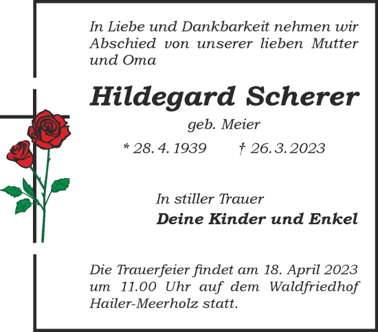 Traueranzeige von Hildegard Scherer von Gelnhäuser Neue Zeitung