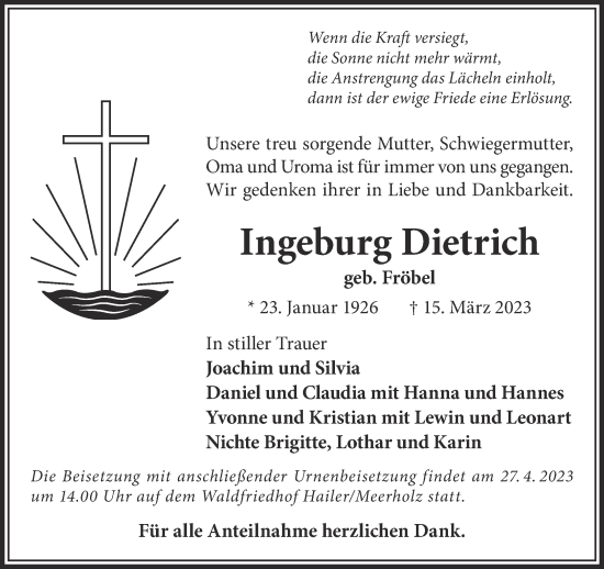 Traueranzeige von Ingeburg Dietrich von Gelnhäuser Neue Zeitung