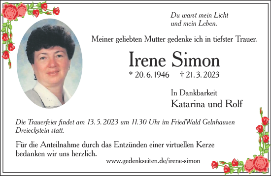 Traueranzeige von Irene Simon von Gelnhäuser Neue Zeitung