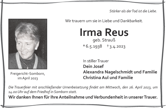 Traueranzeige von Irma Reus von Gelnhäuser Neue Zeitung